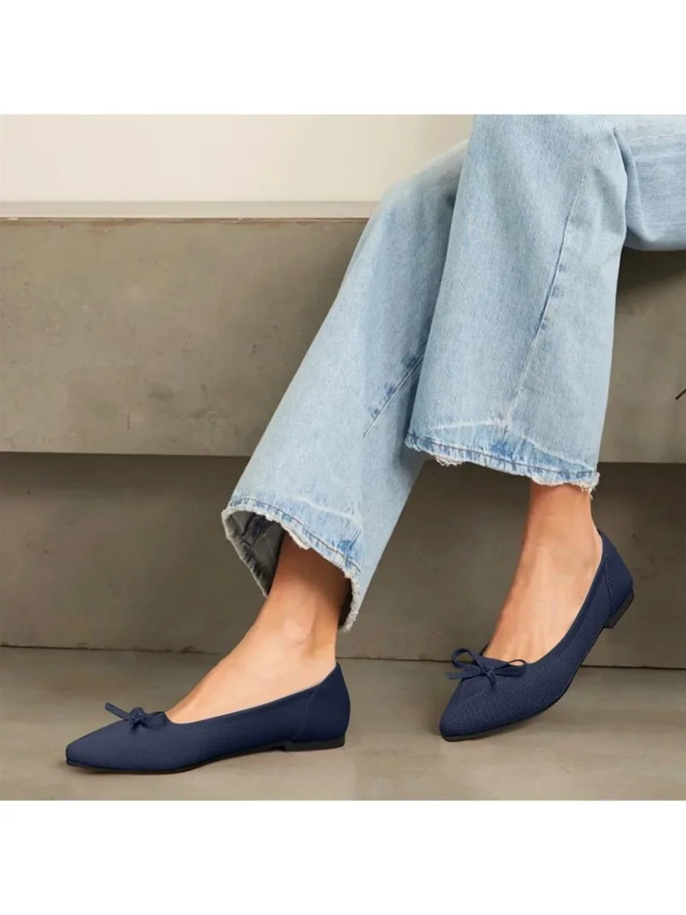 Women's Navy Knit Ballet Flats Pointed Toe Bow Comfortable Dressy Shoes